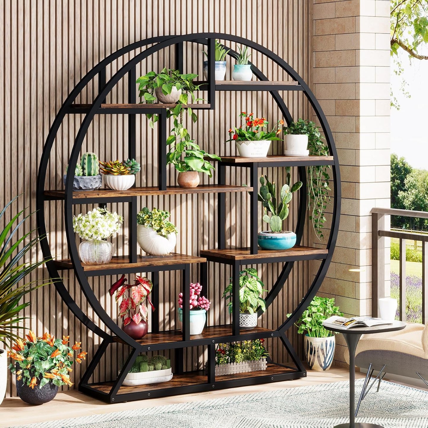 Tribesigns Bookshelf, Round Bookshelves Etagere Bookcase, 63 Inch Industrial Wood Book Shelf with Staggered Shelves, Rustic Open Shelving Organizer Rack Display Shelf for Home Office, Living Room