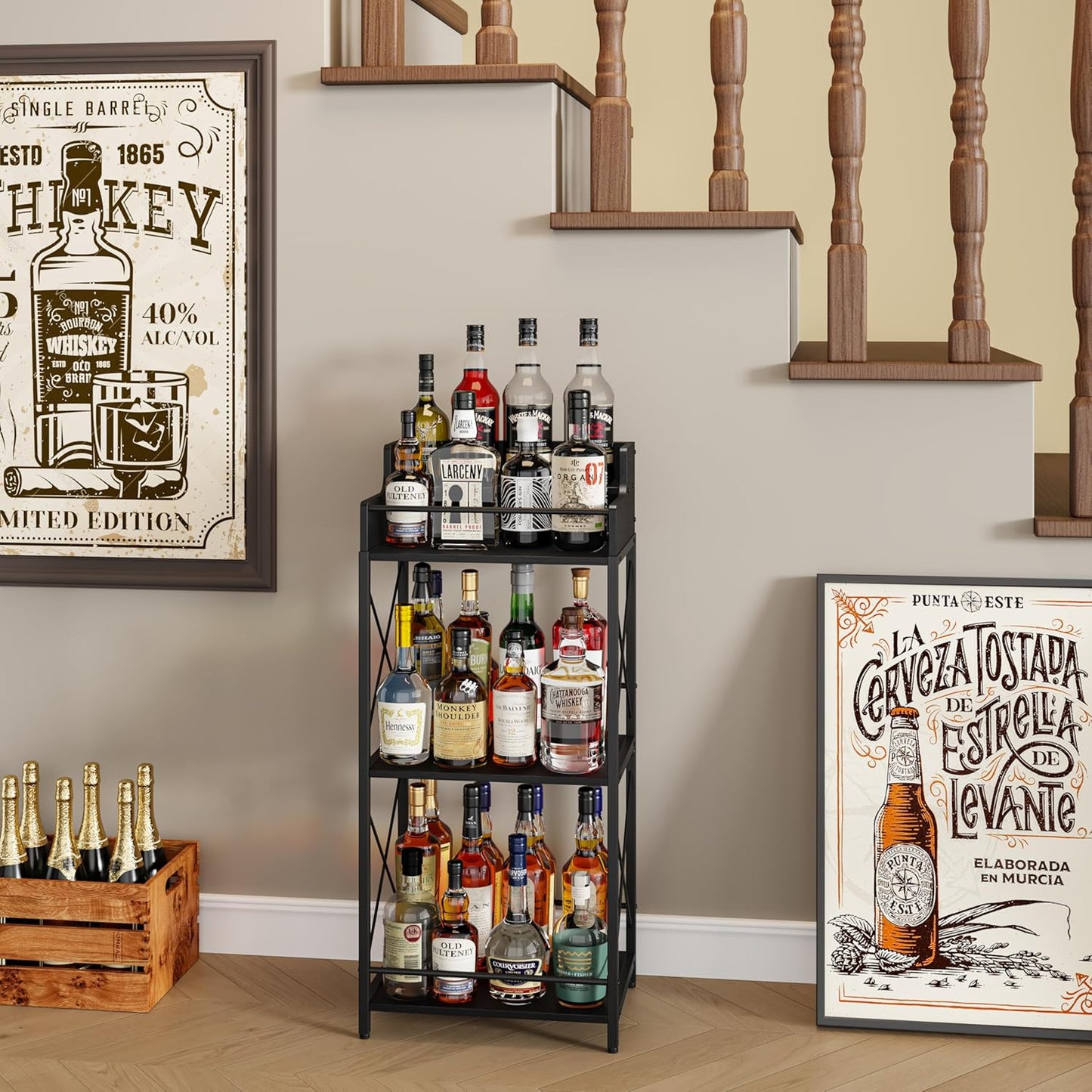 KLM Liquor Bottle Display Shelf, Liquor Cabinet bar for Home, 4 Step Liquor cabinetck, Mini bar,Liquor Cabinet, Home Retro Bar Shelf Stand for Liquor Whiskey, Spirits（Black）