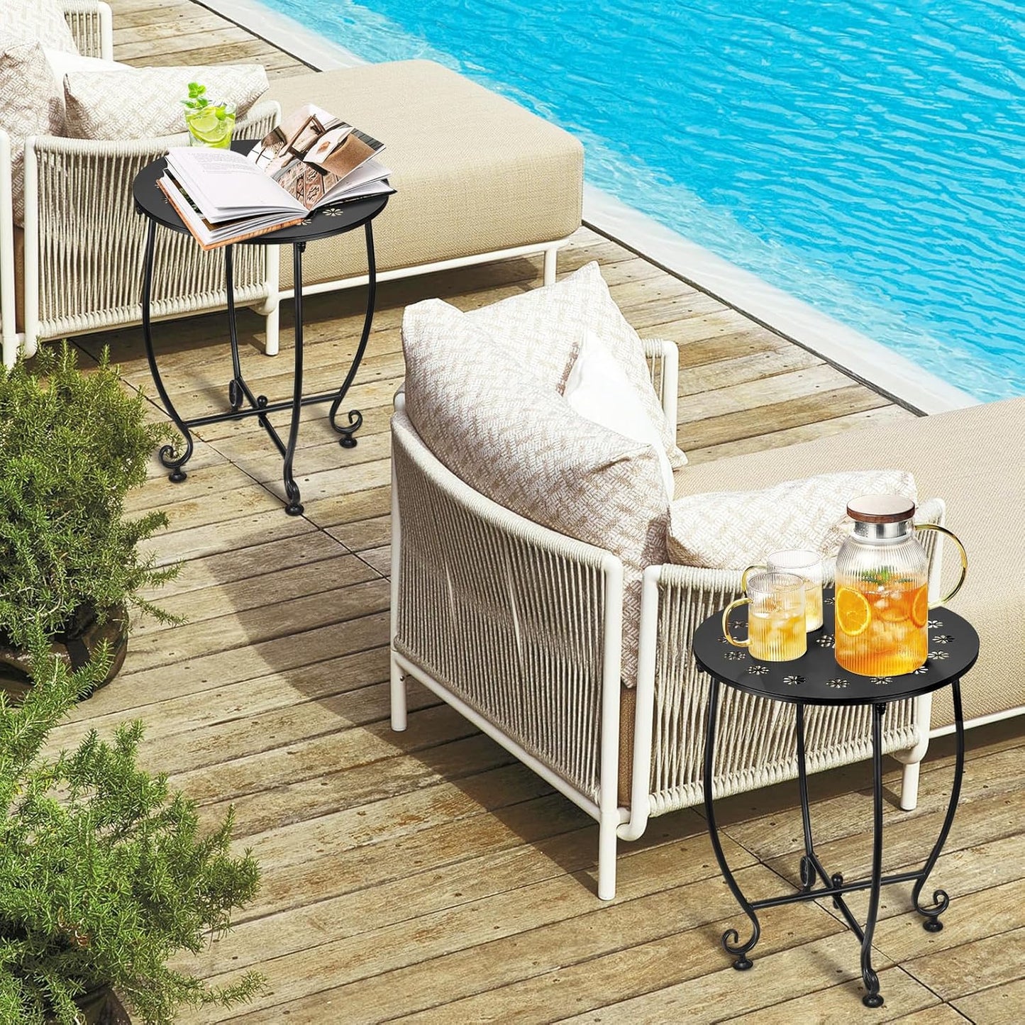 2 Pack Outdoor Side Tables for Patio, Weather Resistant Steel Patio Side Table, Small Round Outdoor End Table Metal Side Table for Patio Yard Balcony Garden Black (Petal)
