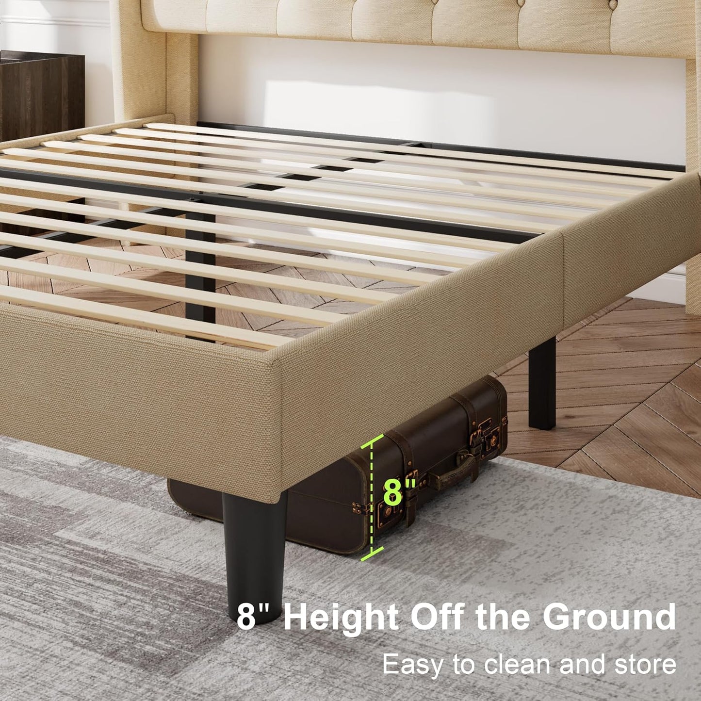 Feonase Full Size Bed Frame with Upholstered Wingback Headboard, Platform Bed and Heavy Duty Wooden Slats Support, Easy Assembly, Noise-Free, No Box Spring Needed, Beige
