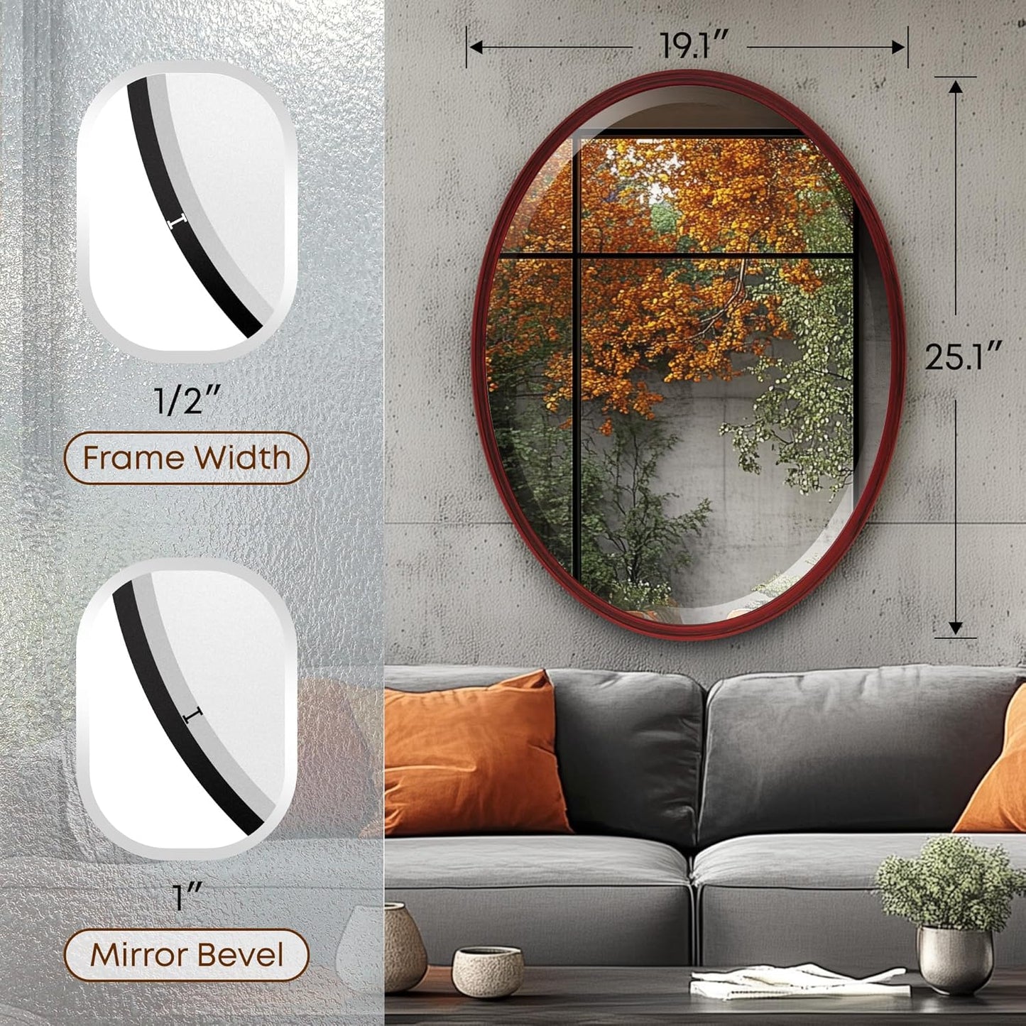 OVALCREST - Oval Wooden Beveled Wall Mirror for Home Decor, Bathroom, Vanity, Bedroom, Living Room, Hallway - London Style (Black Cherry) 19.1 x 25.1