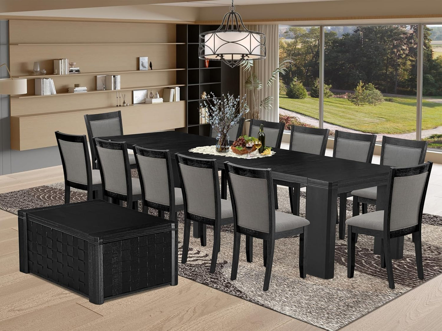 X12MZ-0C6-50 - 14-Pc Dining Room Table Set a Rectangular Table with a coffee table and 12 Dark Gotham Grey Linen Fabric Dining Chair, 39x120 Inch, Wire Brushed Black