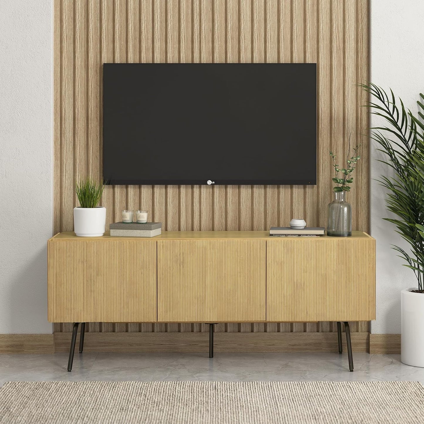 NTC Veil TV Stand with 3 Doors for TVs up to 60’’, Media Console with Vertical Groove Design and Metal Legs, Modern Entertainment Center for Living Room and Bedroom, Effortless Assembly, Sand