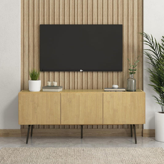 NTC Veil TV Stand with 3 Doors for TVs up to 60’’, Media Console with Vertical Groove Design and Metal Legs, Modern Entertainment Center for Living Room and Bedroom, Effortless Assembly, Sand