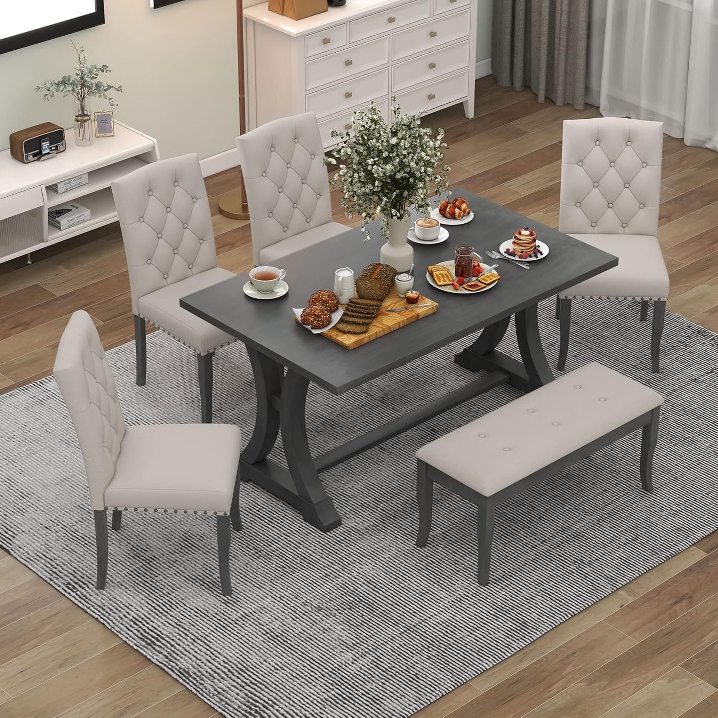 Ball & Cast Dining Table Set for 6, 60" Rectangular Dining Room Table with 4 Upholstered Chairs and 1 Bench, 6-Piece Farmhouse Dining Furniture Set with Solid Wood Legs for Kitchen,Antique Gray