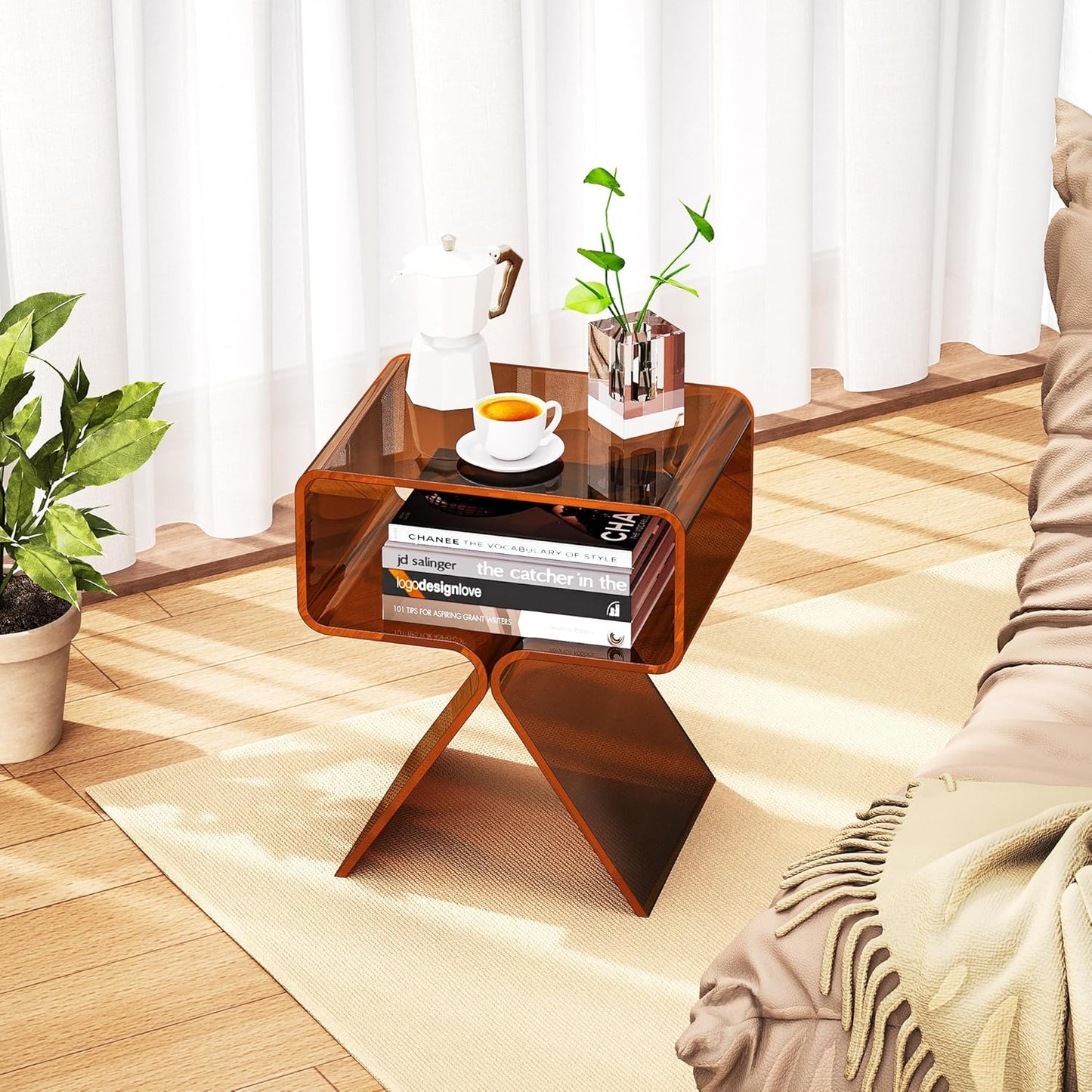Acrylic Nightstand Side Table Modern Design Clear Home Decor Display End Table for Living Room (Dark Brown)