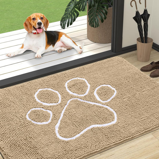 OLANLY Door Mat for Muddy Dog Paws 47x32, Ultra Absorbent Chenille Mud Doormat with Paw Print Design, Non-Slip Washable Doormat for Indoor Entryway, Quick-Dry Pet Bed Mats for Dirty Dogs, Beige
