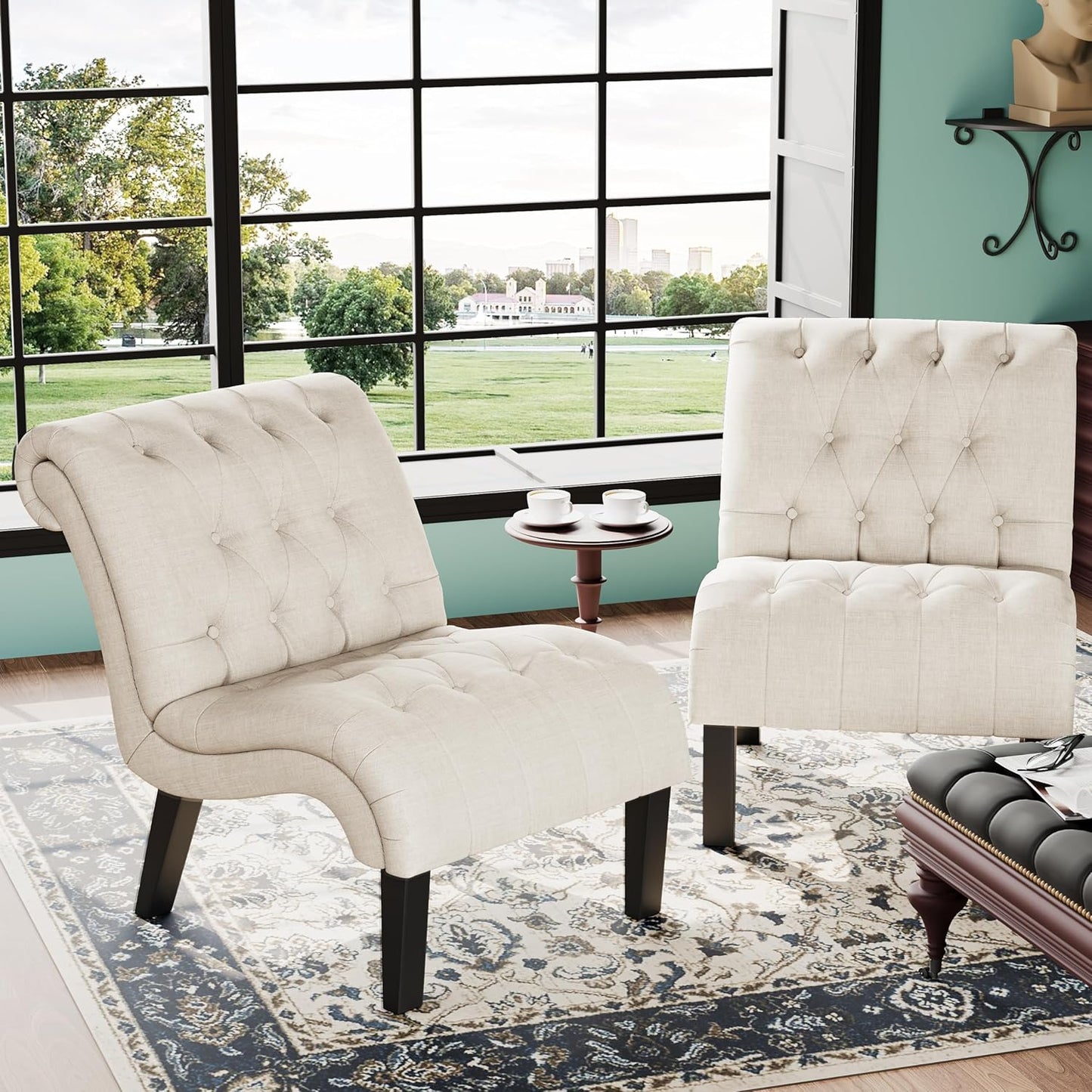 Yongqiang Accent Chairs for Living Room Set of 2 Upholstered Tufted Bedroom Chairs Curved Armless Side Chairs with Wood Legs Linen Fabric