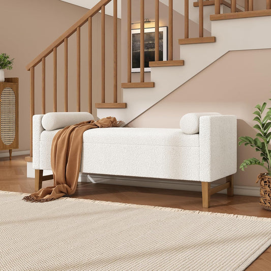 Merax Boucle Upholstered Storage Ottoman Bench 50.8" End of Bed Bench with 2 Round Pillows & Solid Wood Legs, Ample Hidden Storage Space, for Entryway Bedroom, Ivory