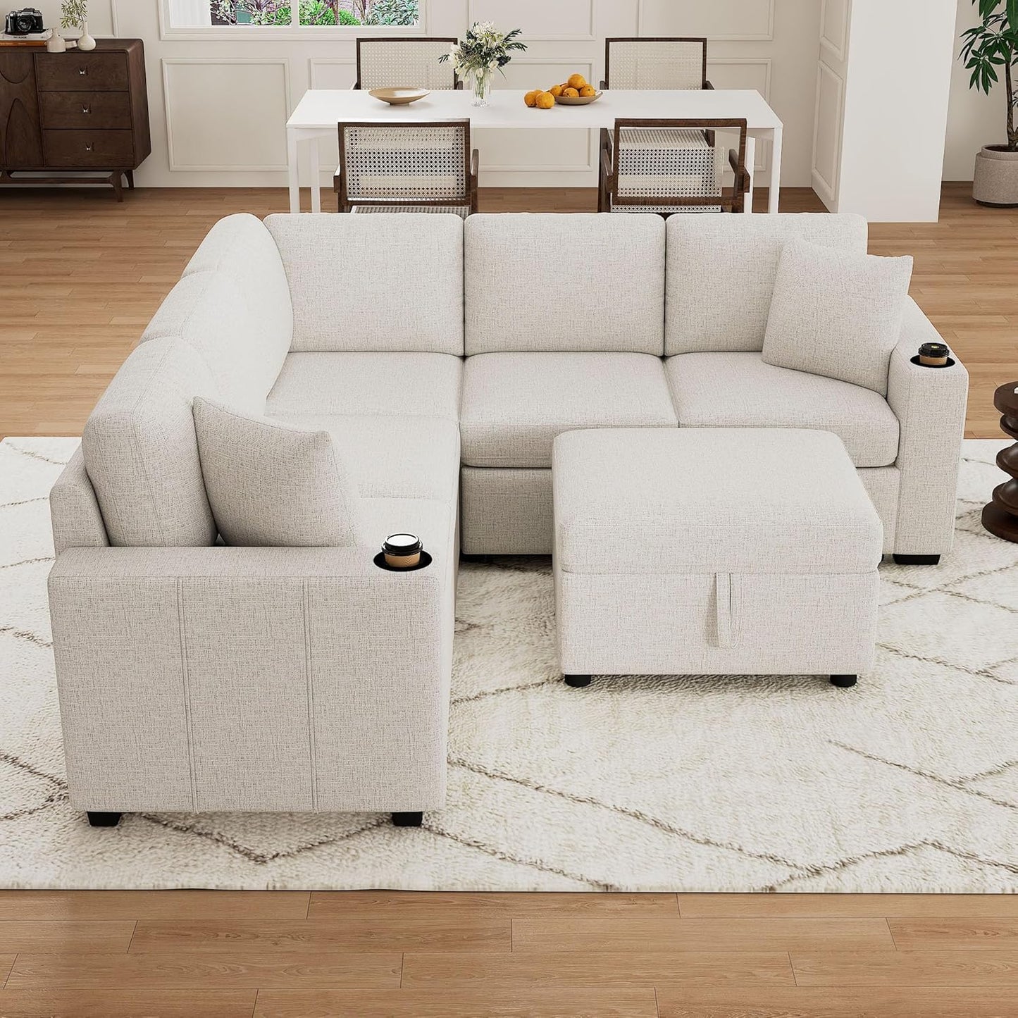 84.7" Symmetrical Convertible Sleeper Sectional Sofa Couch Bed for Living Room 4 Seater L Shaped Reversible Pull Out Sleeper Sofabed with Movable Ottoman ,2 Cup Holders ,USB Ports, Detachable Backrest