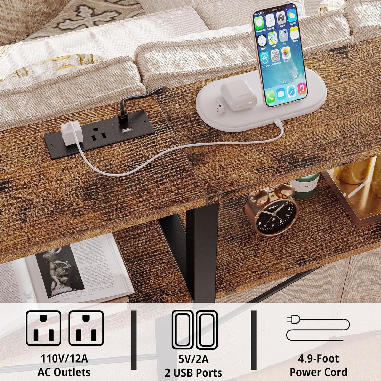 IRONCK Console Table with Power Outlet, Long Sofa Table with Shelves and X-Shaped Design, Narrow Sofa Entryway Behind Couch Table for Living Room and Hallway, Vintage Brown