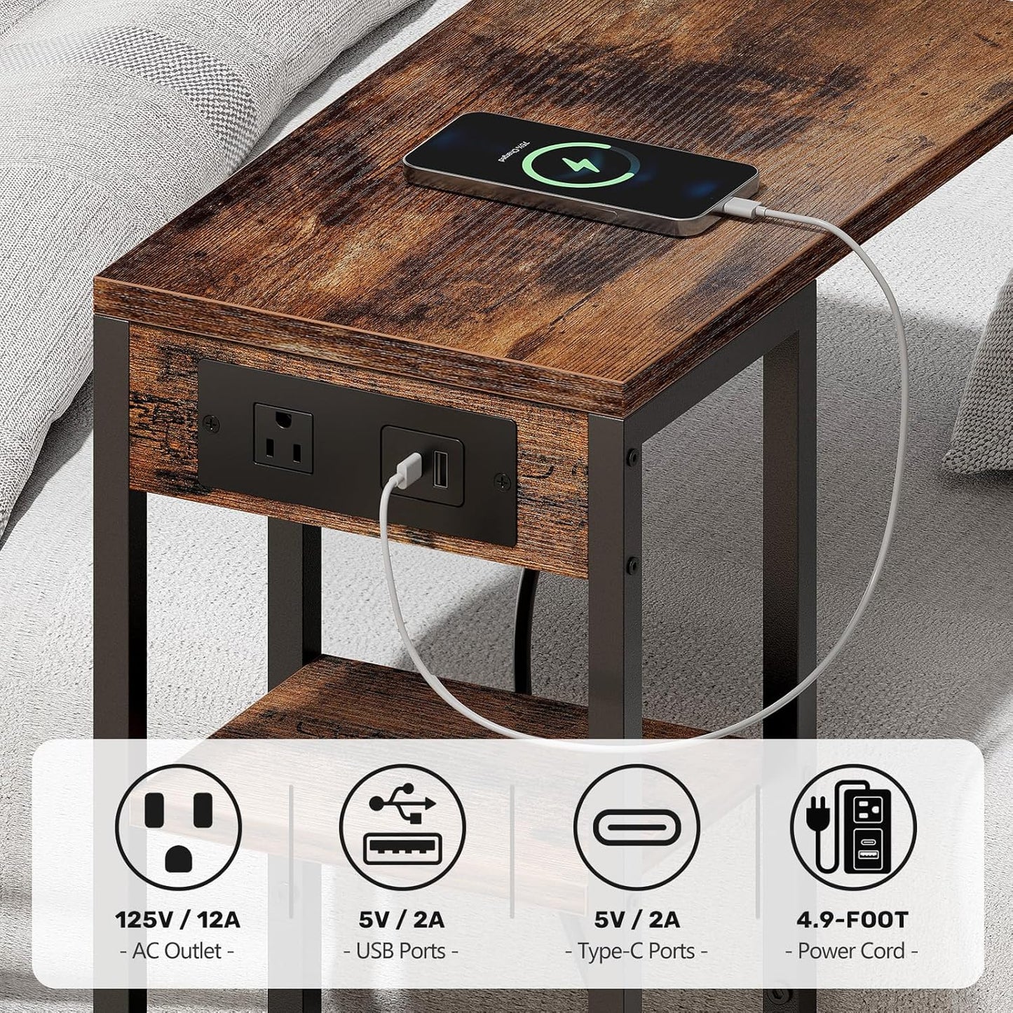 C Shaped End Table with Charging Station, Small Side Table for Couch Recliner, Slide Under Sofa Desk Snack Tables with Storage Bag & AC / USB Outlet, Small Spaces Drink Tables for Living Room, Bedroom
