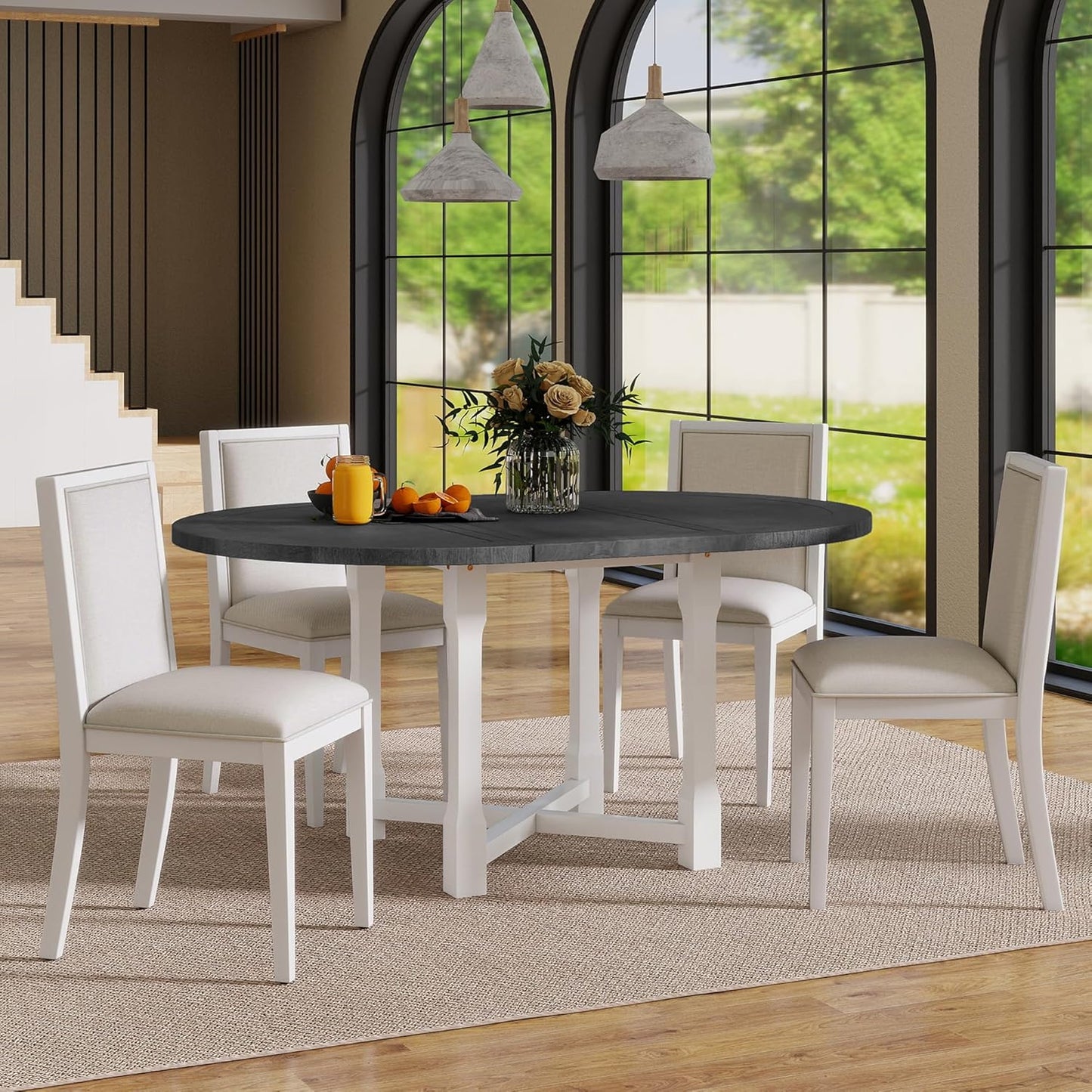 Ball & Cast 5 Pieces Dining Table Set with 4 Upholstered Chairs,Farmhouse Wooden Living Room Furniture for 4 W/ 57.7" Extendable Dining Table,for Dining Room,Bistro,Apartment,Grey+White