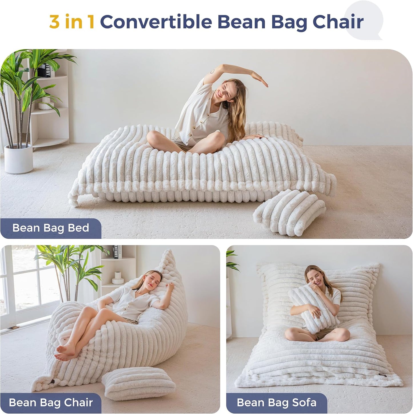 MAXYOYO Giant Bean Bag Chair with Pillow, 3 in 1 Convertible Bean Bag Chair for Adults with Washable Cover, Removable Floor Cushion Stuffed Floor Lounger for Living Room Bedroom, Beige