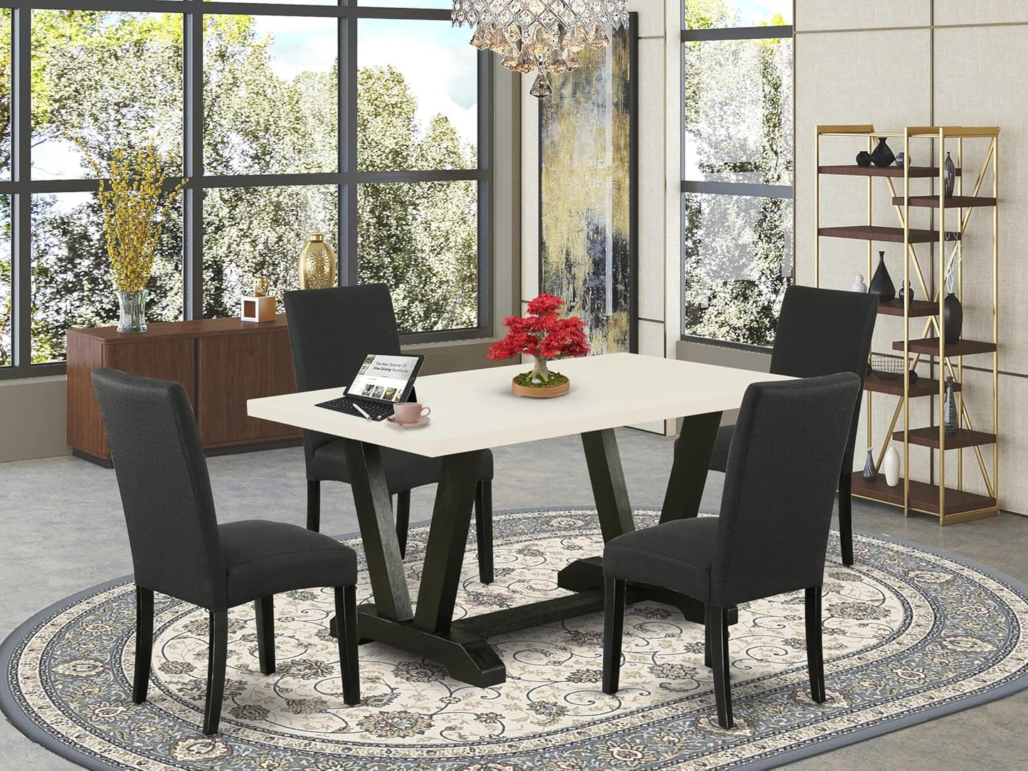 East West Furniture V626DR124-5 5 Piece Dining Table Set for 4 Includes a Rectangle Kitchen Table with V-Legs and 4 Black Color Linen Fabric Parson Dining Chairs, 36x60 Inch, Multi-Color