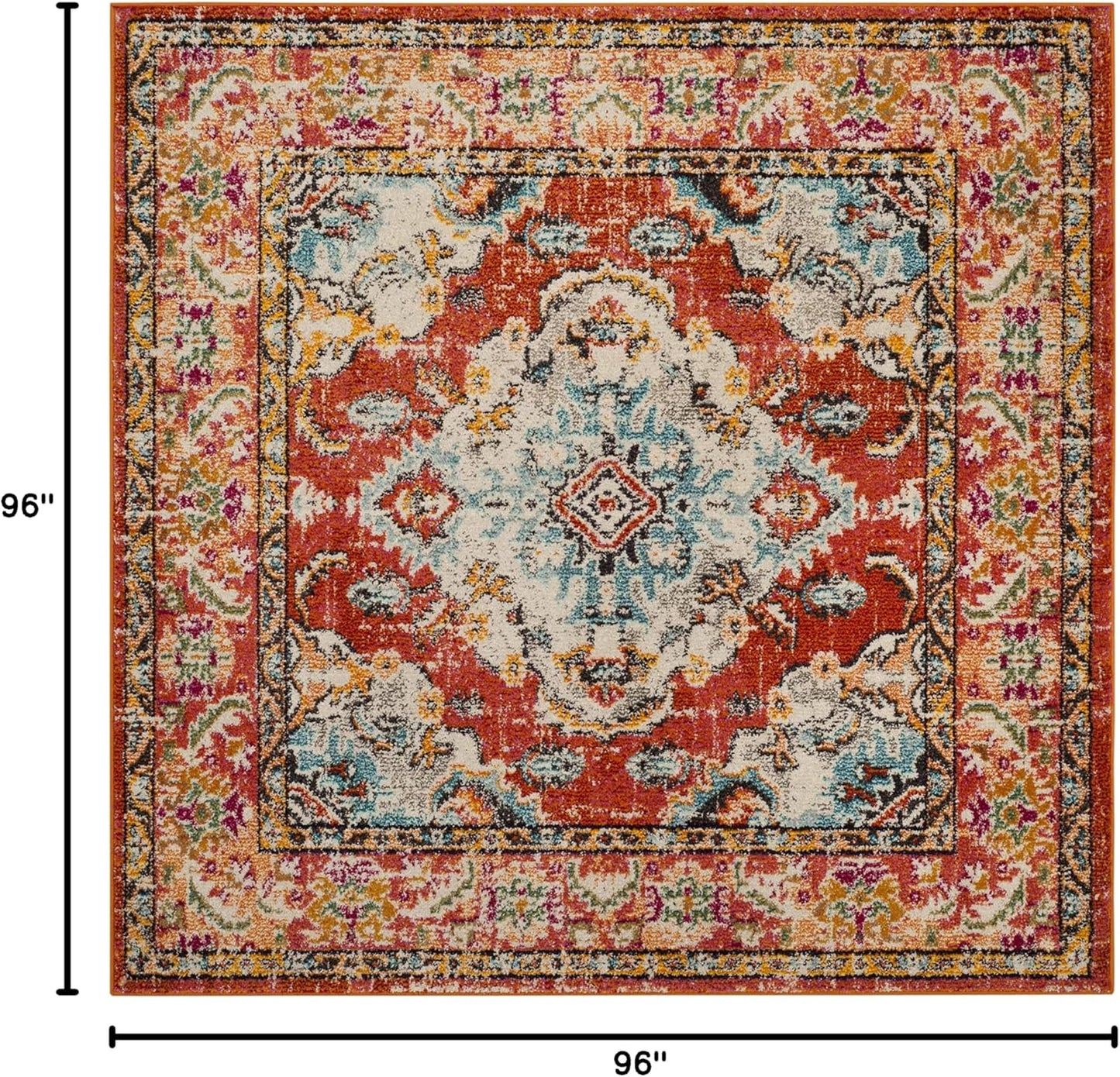SAFAVIEH Monaco Collection Area Rug - 8' Square, Orange & Light Blue, Boho Chic Medallion Distressed Design, Non-Shedding & Easy Care, Ideal for High Traffic Areas in Living Room, Bedroom (MNC243H)