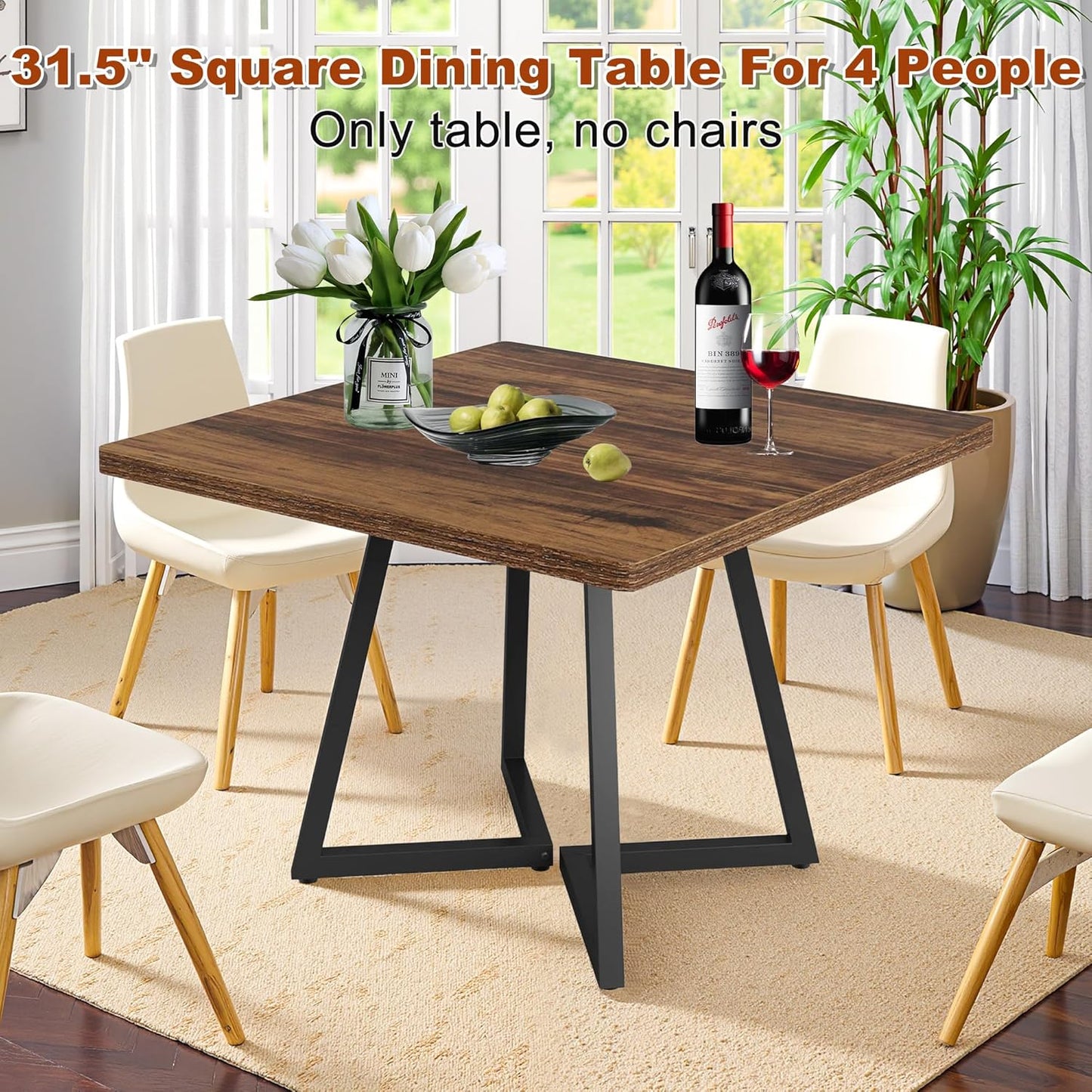 Square Dining Table for 4, 31.5-Inch Farmhouse Dinner Table Wooden Kitchen Tables with Metal Base for Dining Room, Kitchen, Living Room, Brown