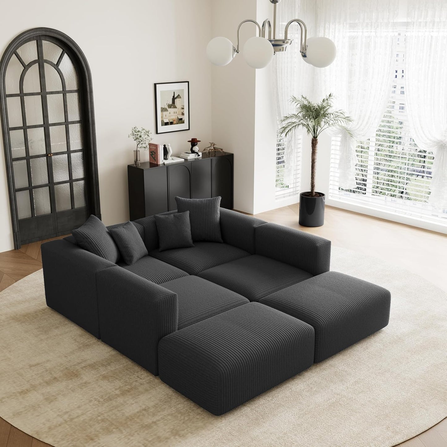 Acanva Convertible Modular Sectional Sofa with Movable Ottomans, Free Combination Corduroy Couch for Living Room Apartments, U-Shaped, Black