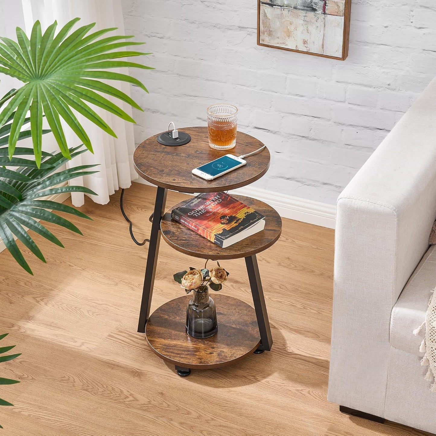 BEWISHOME Round End Table with Charging Station, Side Table Accent Nightstand Bedside Table with 3-Tier Shelves, Small Couch Table for Living Room Bedroom Rustic Brown KTZ51Z
