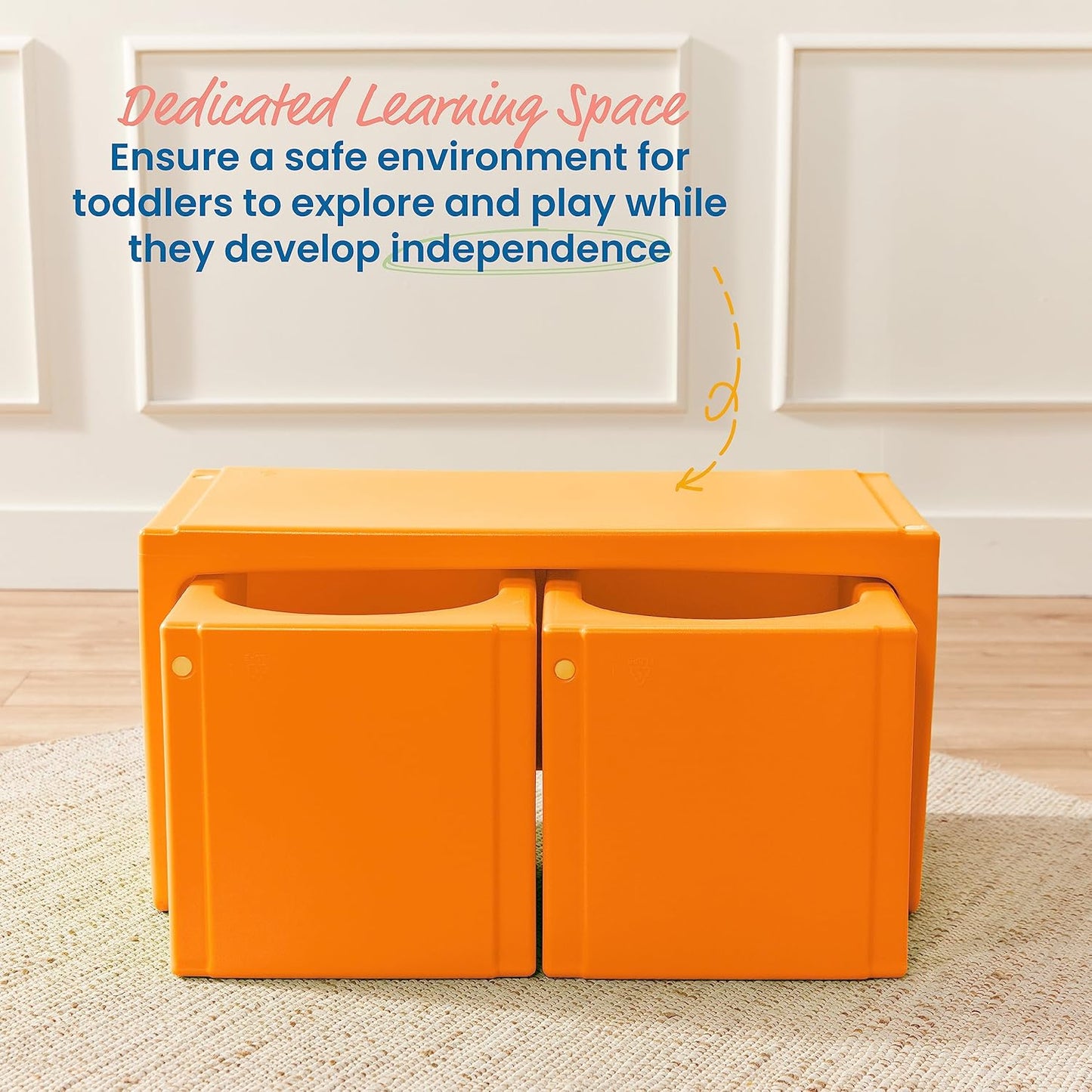 ECR4Kids Tri-Me Table and Cube Chair Set, Multipurpose Furniture, Orange, 3-Piece