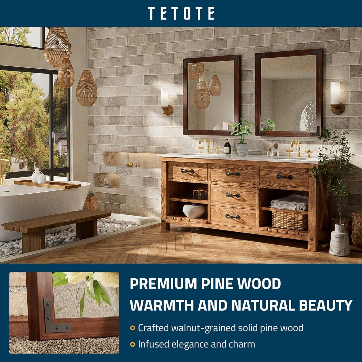 TETOTE 24 x 32 Walnut Wood Framed Mirror for Bathroom Wall/Bedroom/Living Room/Entryway Farmhouse Rustic Wall Mirror Waterproof (Horizontal/Vertical Mounted)