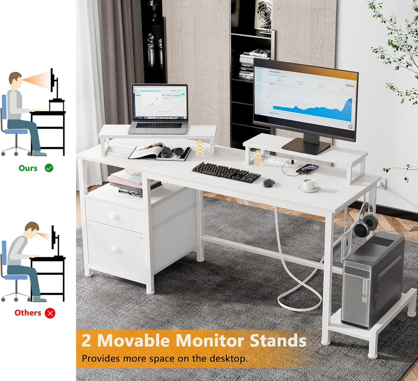 Furologee 55" Computer Desk with File Cabinet and Power Outlets, Home Office Desk with 2 Monitor Stands and Storage Drawer, Writing Gaming Table with Shelves and 2 Hooks for Bedroom, White