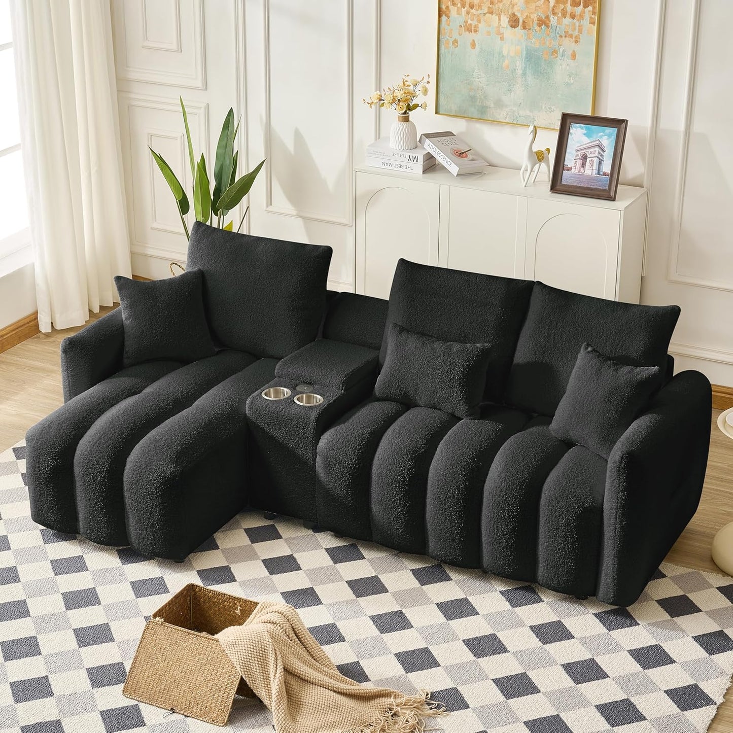 92-Inch Teddy Boucle Tufted Sofa Couch with Storage Console and Chaise Lounge, L-Shaped Left Facing Corner Sectional Sofa Couch with Cupholders, USB Ports and Golden Accent for Living Room Office