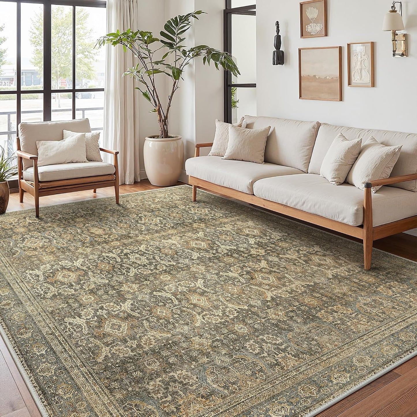 8X10 Area Rugs Machine Washable Rugs for Living Room, Vintage Boho Large Rugs for Bedroom Dining Room, Non Slip Indoor Soft Distressed Lightweight Thin Low Pile Carpet, Brown