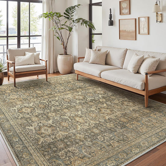 8X10 Area Rugs Machine Washable Rugs for Living Room, Vintage Boho Large Rugs for Bedroom Dining Room, Non Slip Indoor Soft Distressed Lightweight Thin Low Pile Carpet, Brown