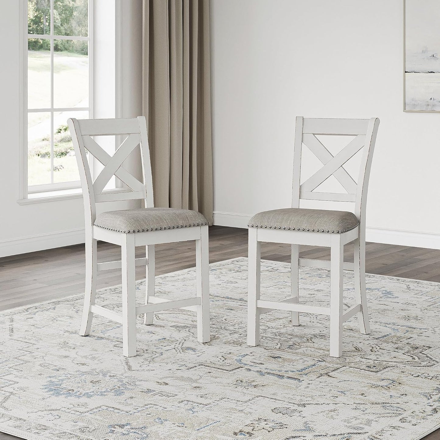 Signature Design by Ashley Robbinsdale Farmhouse Armless 24.75" Counter Height Upholstered Bar Stool with Foot Rest, Set of 2, White & Light Gray