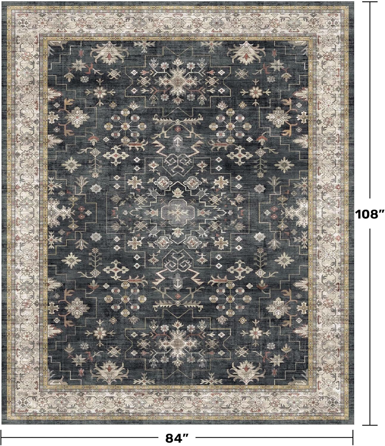 Boho Dining Room Rugs for Under Table - 7x9 Washable Black Area Rug for Living Room, Low Pile Non-Slip Rugs for Bedroom Under Bed - Charming Farmhouse Decor & Stain Resistance - Black/Multi
