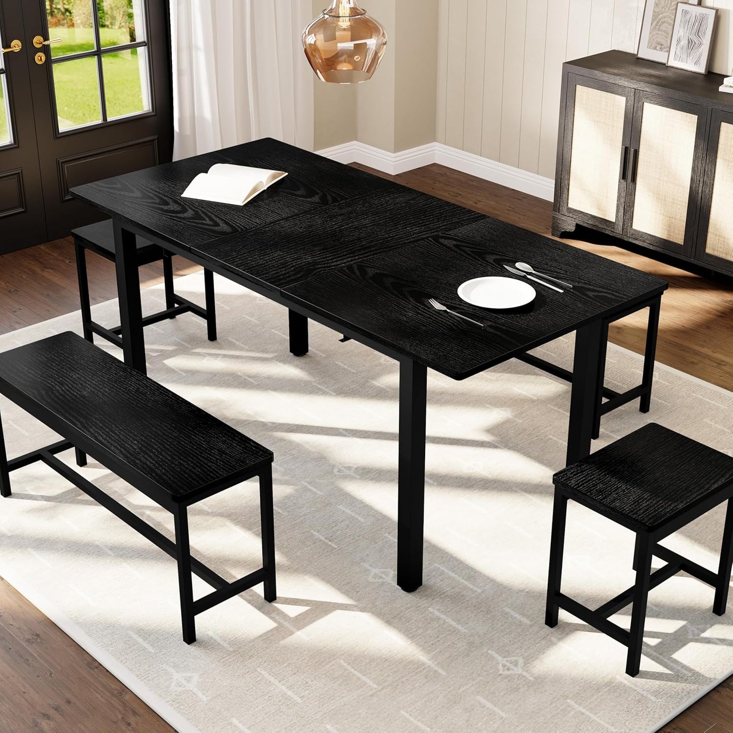 GarveeHome 5-Piece Dining Table Set for 4-8 People, 63" Large Extendable Kitchen Table Set with 2 Benches and 2 Square Stools, Modern Dining Room Furniture Sets, Easy Assembly, Black