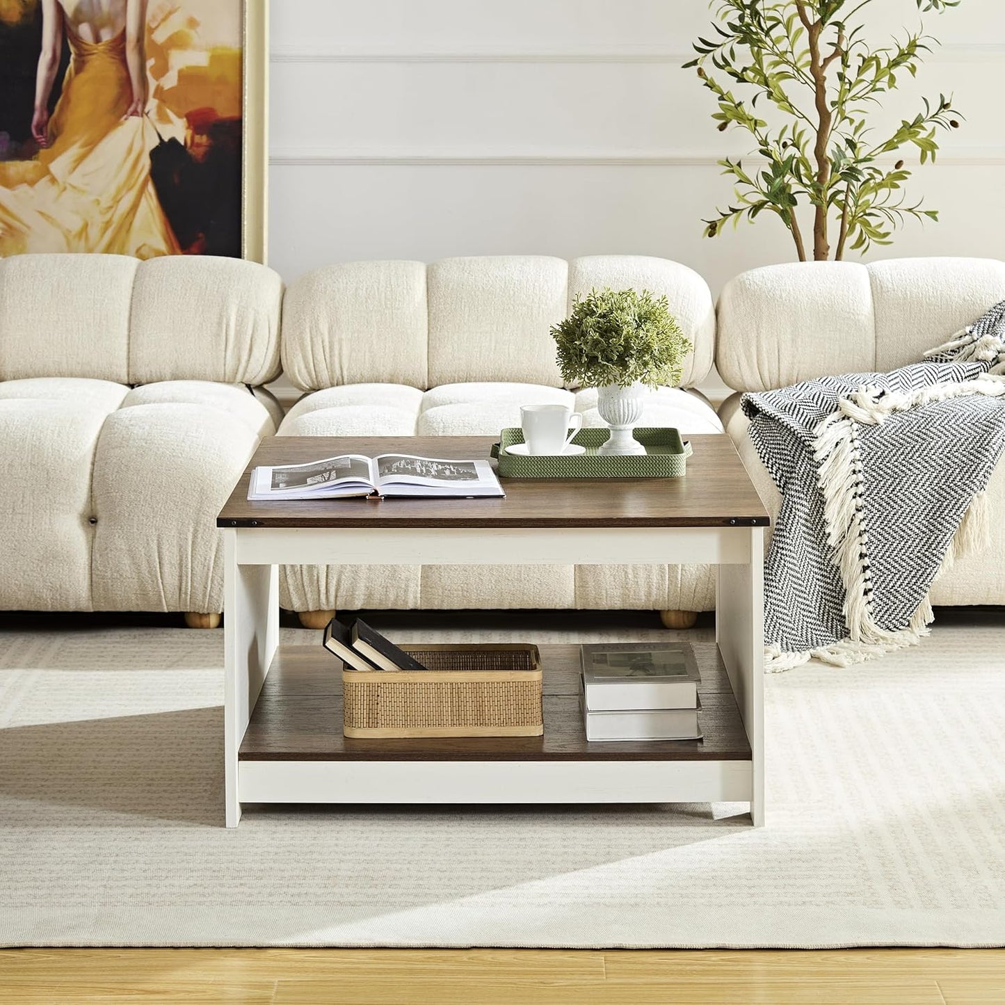 Farmhouse Coffee Table for Living Room, Wood Square Coffee Tables, 31.5" D x 31.5" W, Antique White