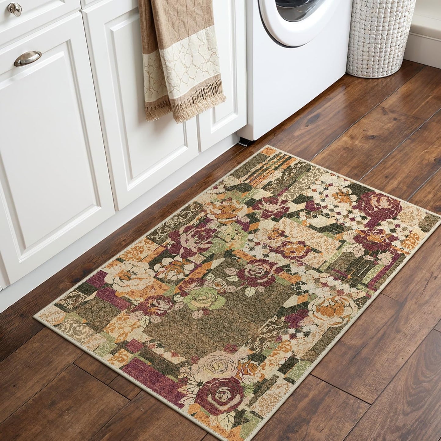 GENIMO Area Rug 2x3 Doormat, Machine Washable Low Pile Rugs, Small Floral Patchwork Retro Chenille Entryway Mat for Entrance, Hallway, Kitchen and Corridor, Auburn Cinnamon