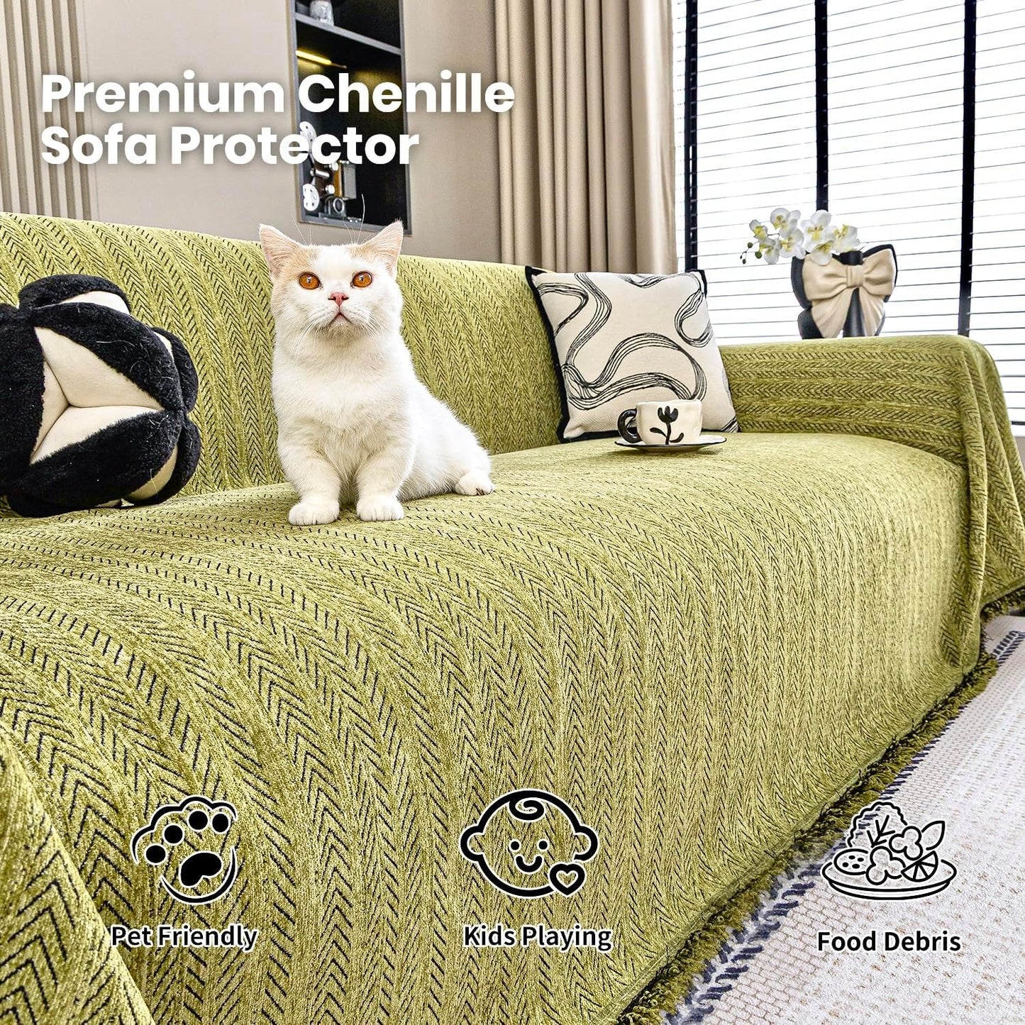 Nobildonna Sofa Cover Washable Soft Thicken Chenille Couch Cover with Tassel,Waterproof Sofa Slipcover for 3-4 Cushion Couch,Sectional Sofa,L-Shaped Furniture Protector Pet-Friendly,Green 71"x134"