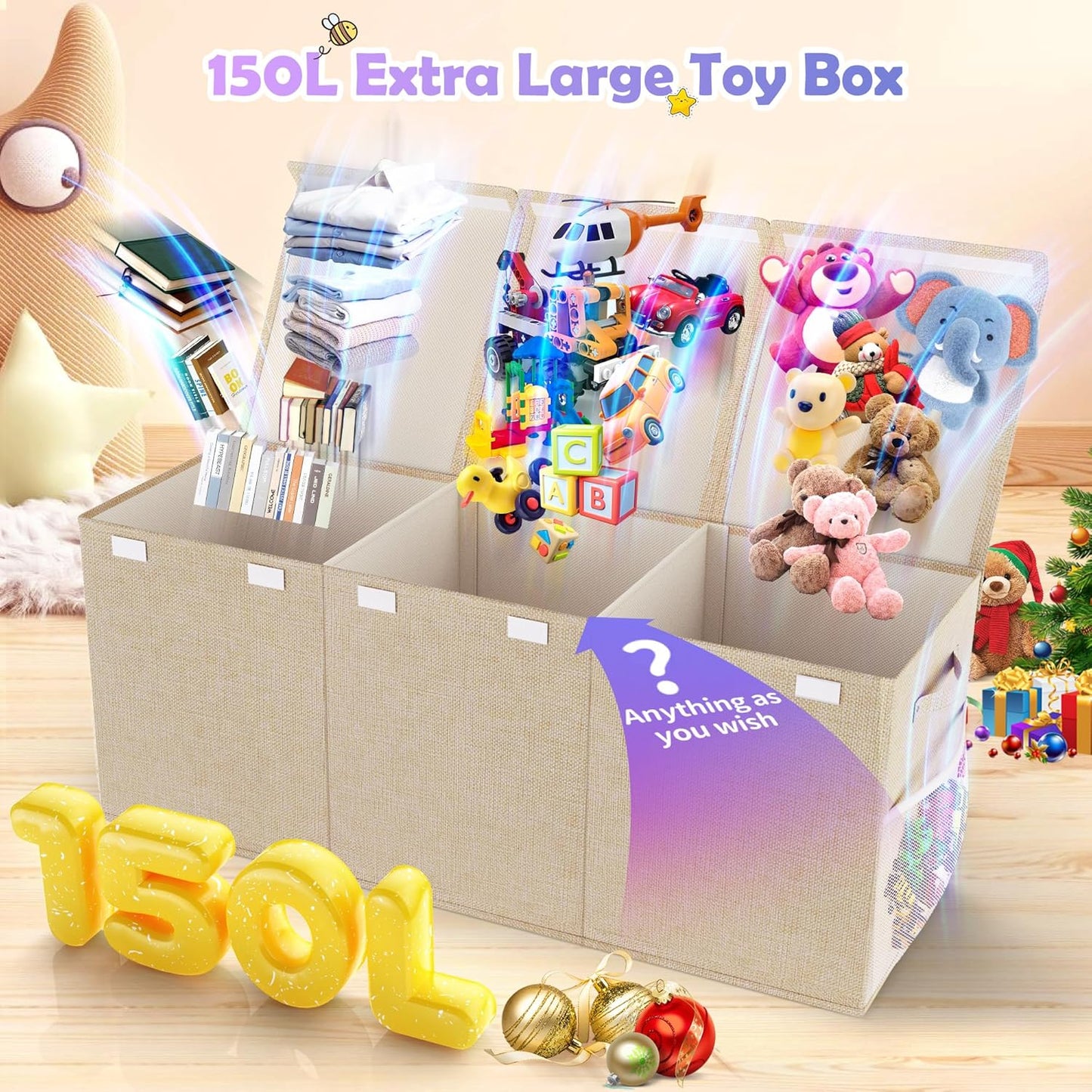 Extra Large Toy Box, Collapsible Sturdy Kids Toy Chest for Boys, Girls, 40"x14"x16" Storage Organizer Toddler Storage Bins with Lids, Toybox Basket for Living Room, Bedroom, Nursery, Beige