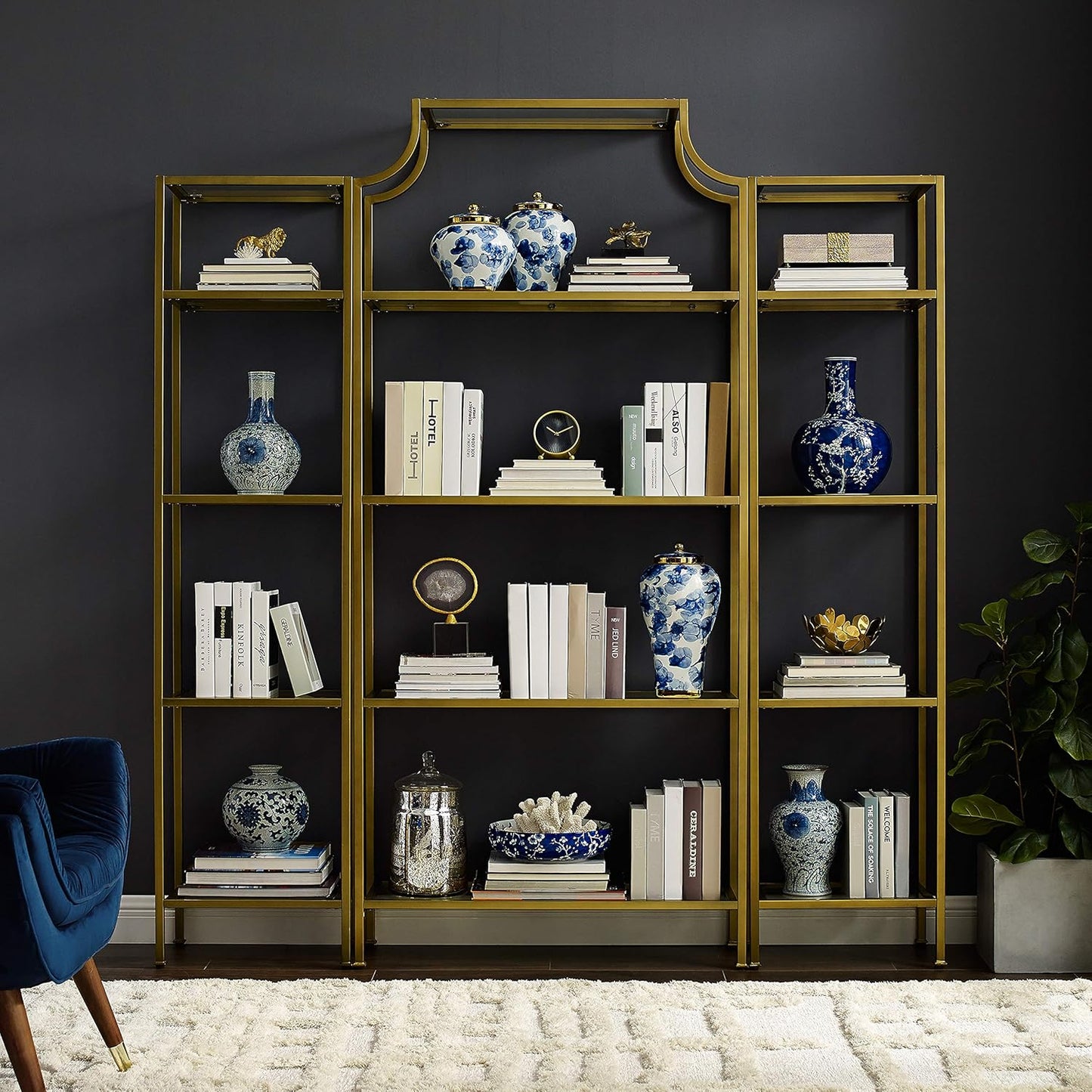 Crosley Furniture Aimee 3-Piece Bookshelf Set with Glass Shelves, Bookcase Storage, Gold and Glass