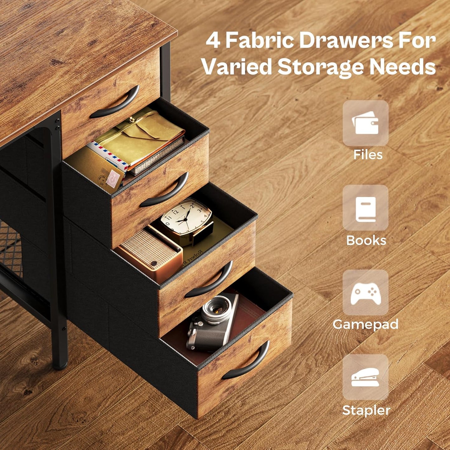 Huuger 47 Inch Computer Desk with 4 Drawers, Office Desk with Mesh Shelf, Gaming Desk, Large Storage, Writing Work Desk for Home Office, Study, Bedroom, Work from Home, Rustic Brown