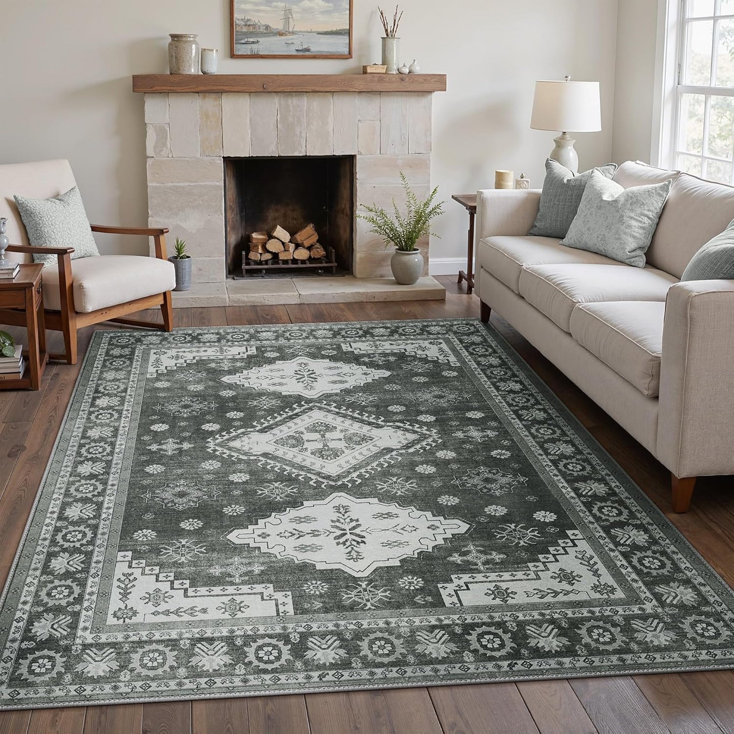 GENIMO Washable Rug 8X10 Area Rugs for Living Room Bedroom, Machine Washable Area Rug, Print Vintage Tribal Aesthetic Carpet, Low Pile Mat with Non Slip Rubber Backing, Distressed Charcoal