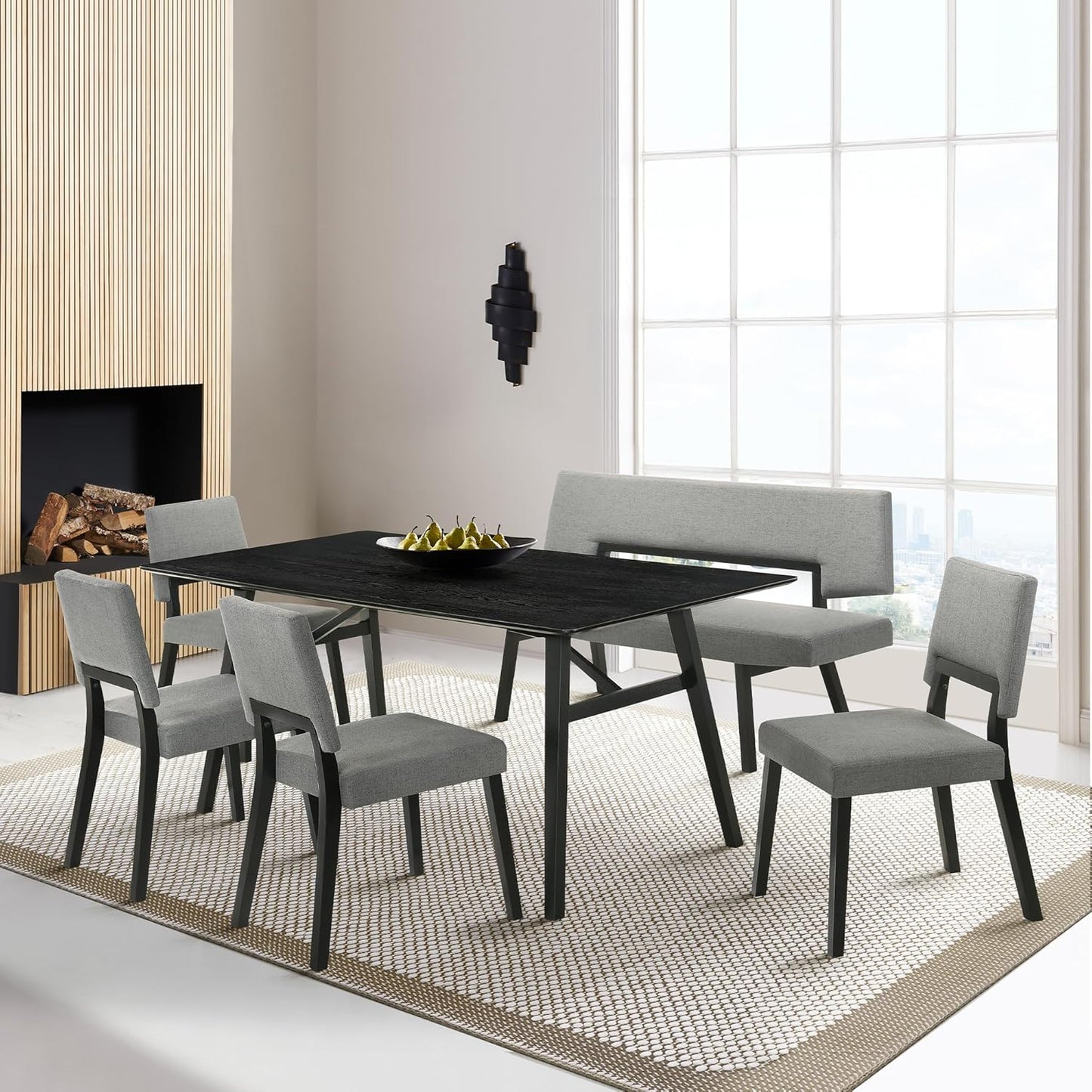 Armen Living Channell Mid Century Modern 6 Piece Black Wood Dining Table Set with Bench in Charcoal Fabric