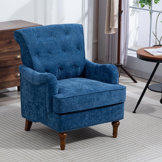 Ball & Cast Comfy Chenille Club Sofa Living Room Chairs,Accent Chair with Springs Cushions & Retro Wooden Legs,Reading Armchair for Bedroom,Office,Blue