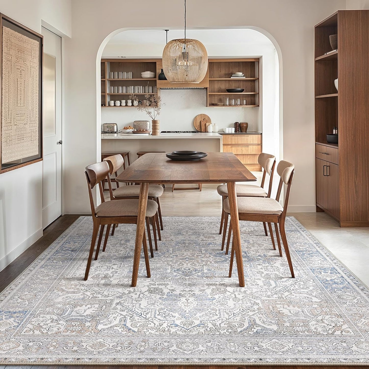 GENIMO 9x12 Area Rugs for Living Room, Machine Washable Non Slip Vintage Retro Rugs, Low Pile Lightweight Thin Print Rug for Bedroom, Dining Room, Home Office, Khaki Blue