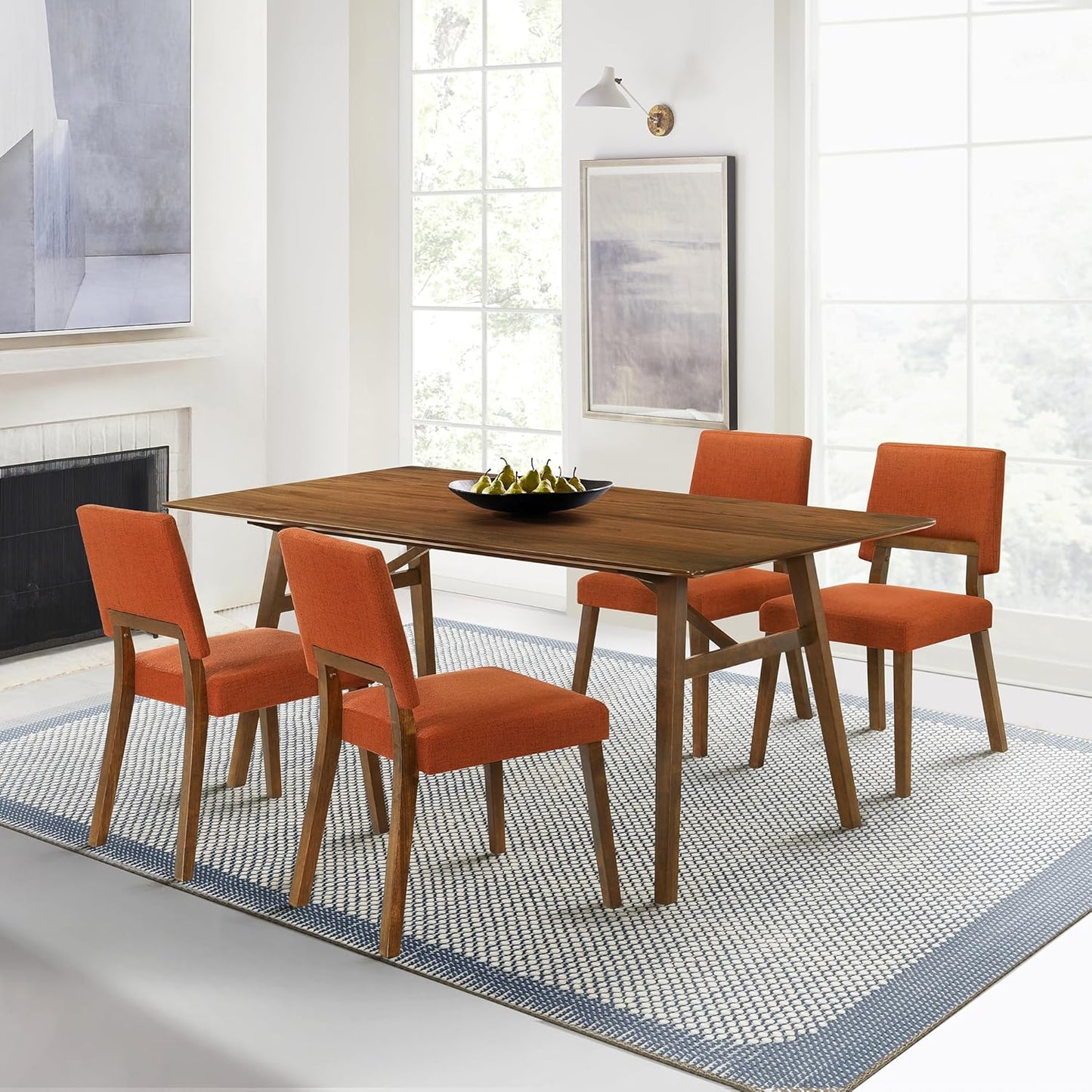 Armen Living Channell Mid Century Modern 5 Piece Walnut Wood Dining Table Set with Orange Fabric