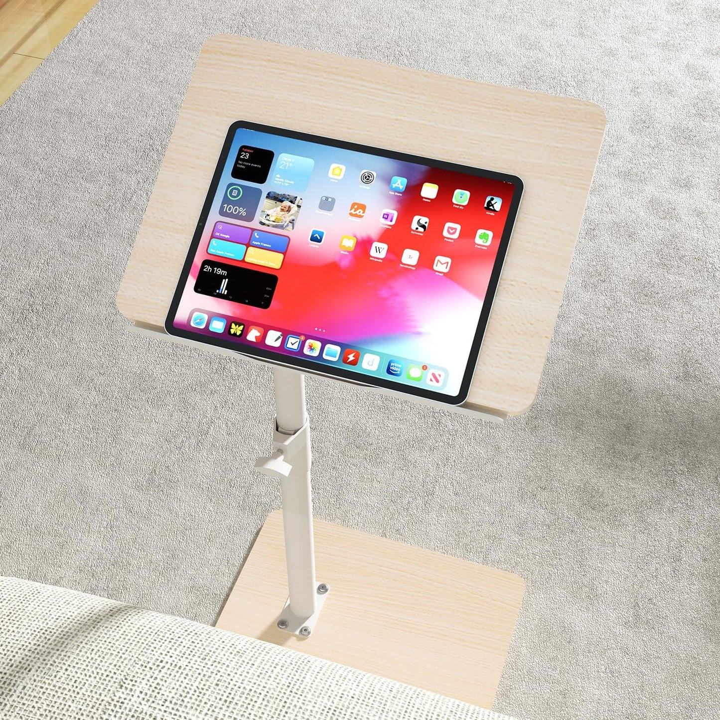 Sofa Armrest Tray Table for Couch - 360° Swivel Height Adjustable End for Small Spaces, Snack Side Table for Bed or Chair with Phone & Tablet Slot (Oak,Angle Adjustable)