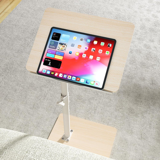 Sofa Armrest Tray Table for Couch - 360° Swivel Height Adjustable End for Small Spaces, Snack Side Table for Bed or Chair with Phone & Tablet Slot (Oak,Angle Adjustable)