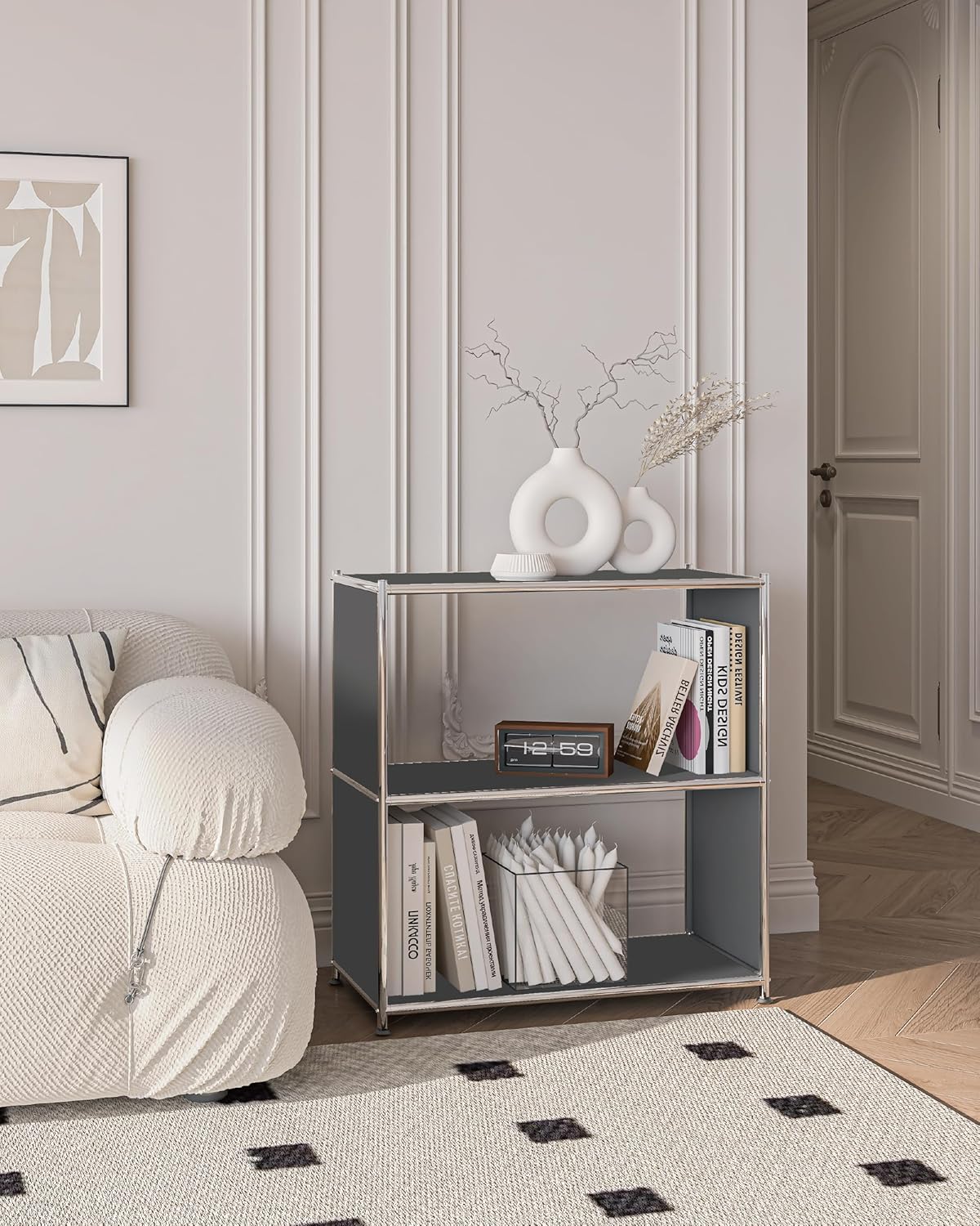 32-Inch 2-Tier Metal Bookcase, Open Shelf Storage Organizer for Living Room, Bedroom, Side Table or Nightstand Use, Modern DIY Assembly, Grey