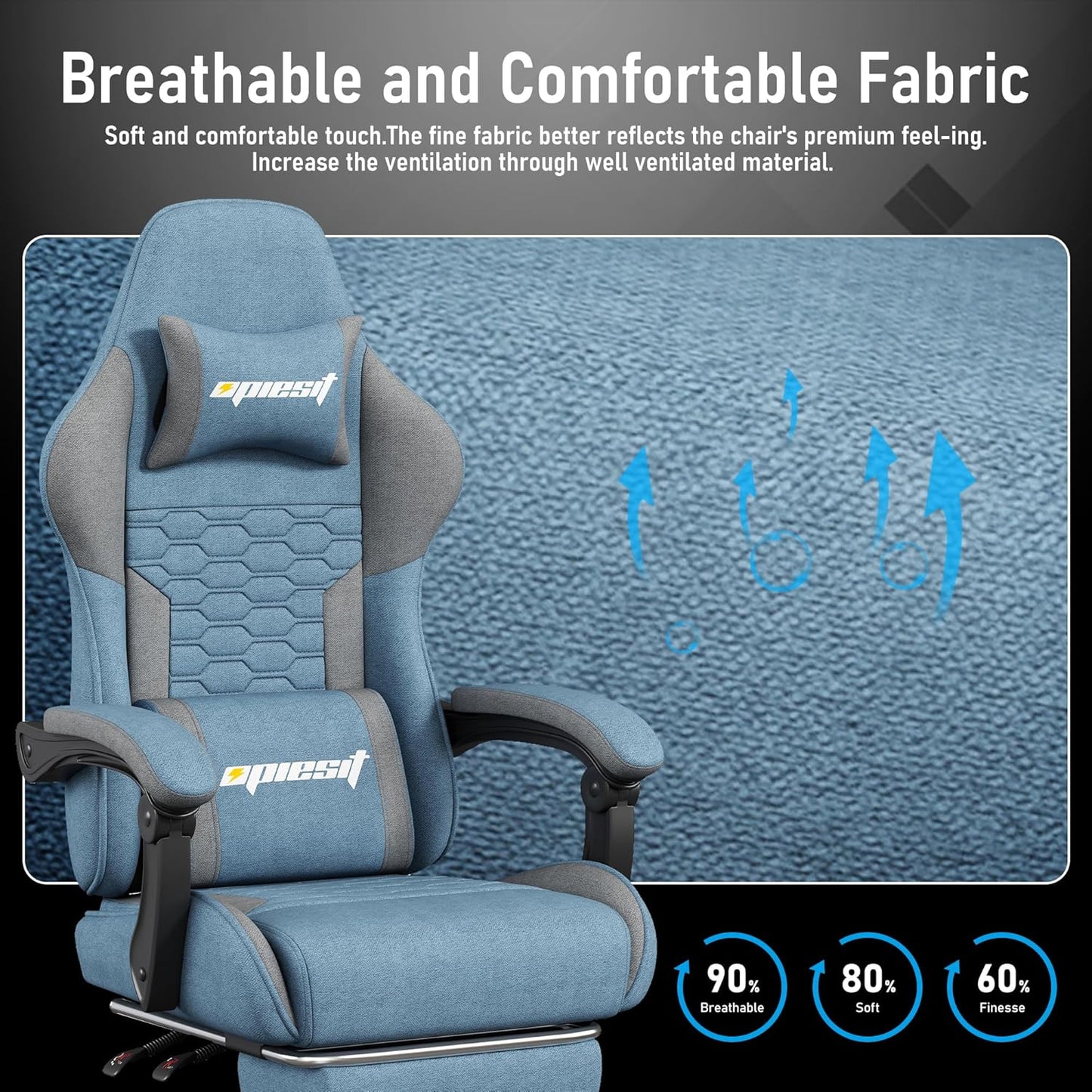 Gaming Chair, Computer Chairs for Adults with Lumbar Support and Massager, Comfortable Gamer Chair with Footrest & Pocket Spring Cushion, Ergonomic Home Office Chair, Blue, Fabric