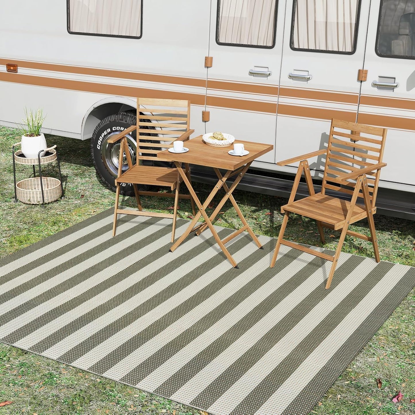 OJIA Outdoor Patio Rug 5'x7', Striped Rug Machine Washable Large Area Rugs Cotton Woven Thin Indoor Outdoor Rugs for Bedroom/Living Room/Front Porch/Deck/Backyard/Camping (Green/White/Tan)