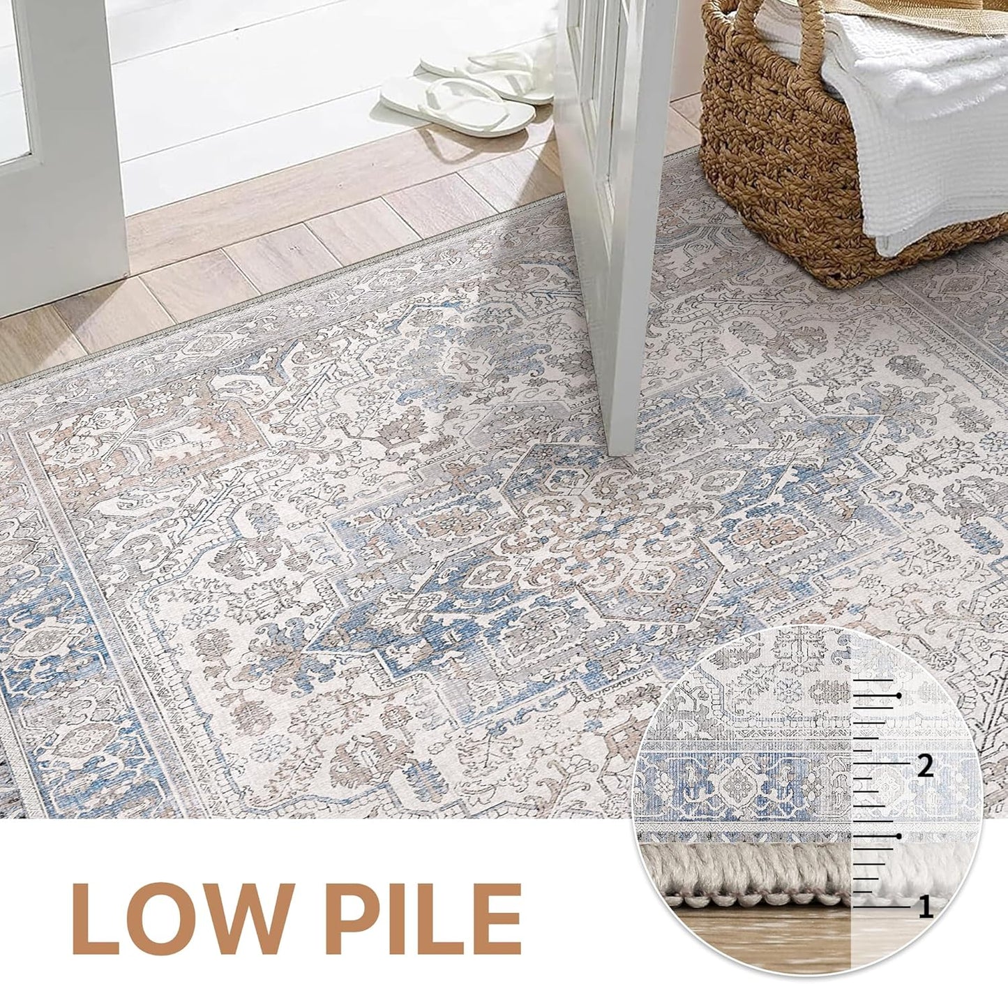 GENIMO 5x8 Area Rugs for Living Room, Machine Washable Low Pile Rugs, Chenille Non Alip Vintage Rug for Bedroom, Dining Room, Home Office, Khaki Blue