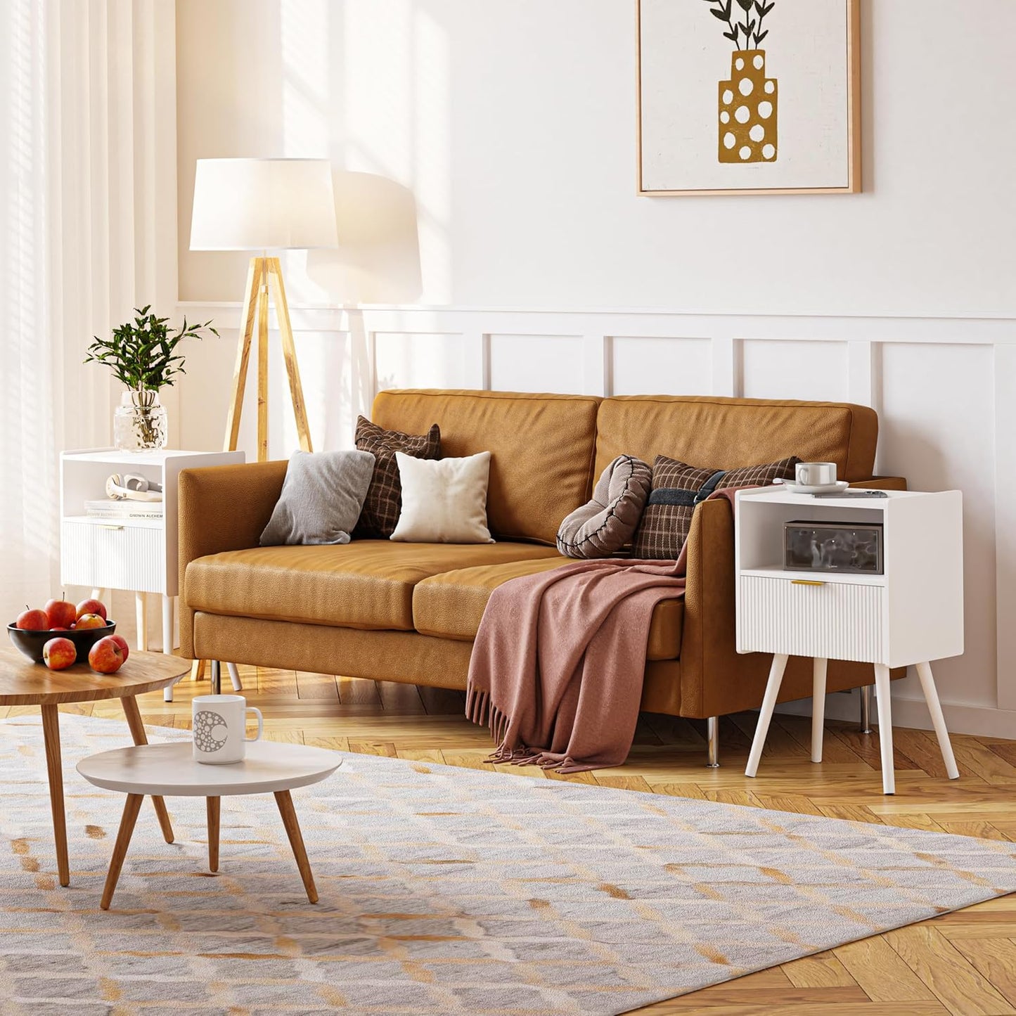 White Nightstand,Modern Bedside Table with Storage Drawer and Open Wood Shelf, for Living Room, Bedroom and Small Spaces, Accent Night Stand with Solid Wood Legs, Easy Assembly,Classic White